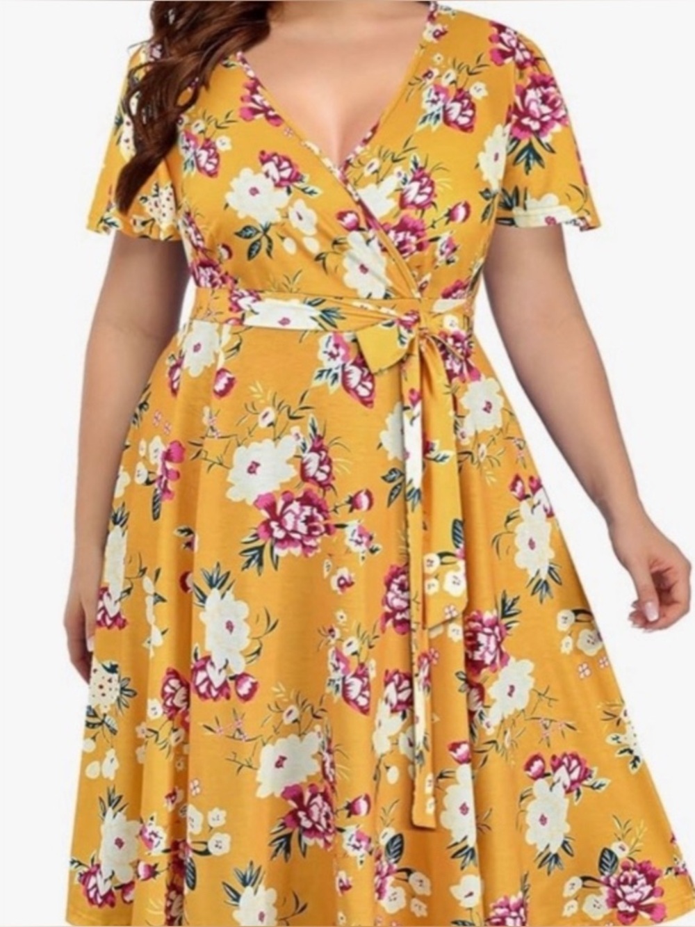 Plus Size Wrap V Neck Long Midi Casual Short Flutter Sleeve Dress Yellow Floral.